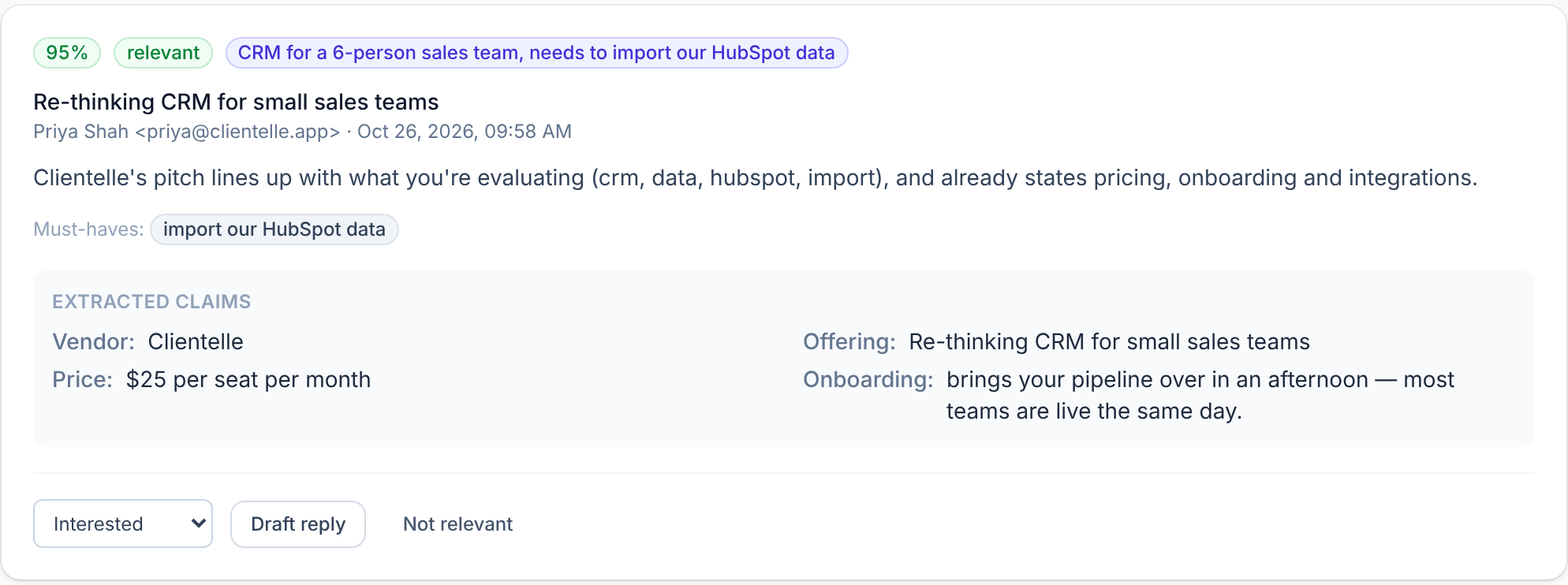 Demo outreach analysis showing a relevance score, extracted claims, and a draft reply action