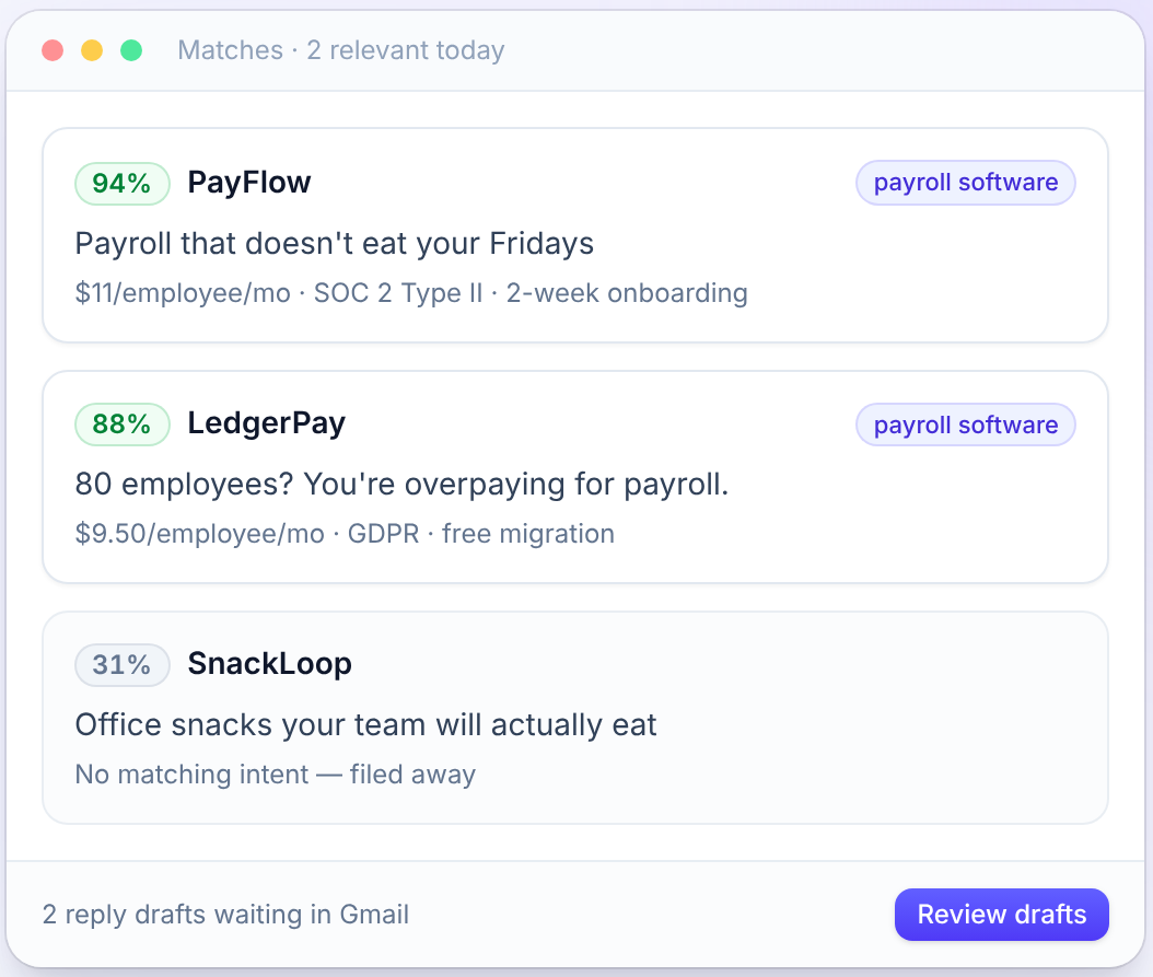 Demo inbox showing two relevant vendor matches ranked above an unrelated pitch